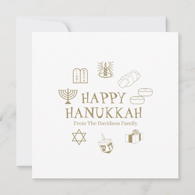 Carte de nom de famille blanche or Happy Hanoukka (Devant)