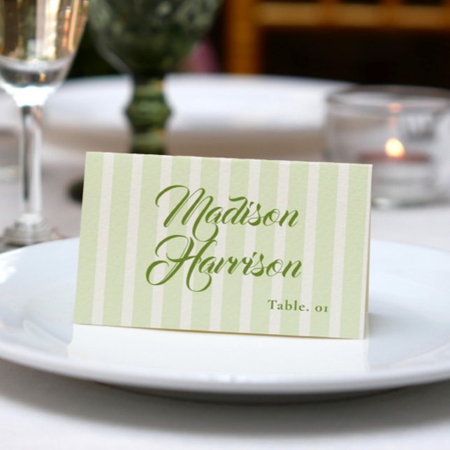 Carte de nom de mariage verte rayée rétro DIY (Créateur téléchargé)