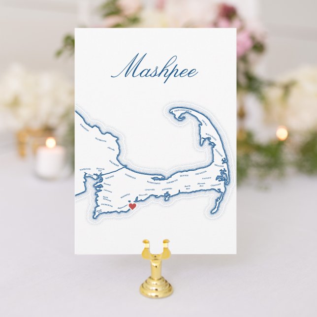 Carte de nom de table de mariage de Mashpee avec c (Mashpee Cape Cod Wedding Table Town Name Cards fully editable with elegant navy blue map )