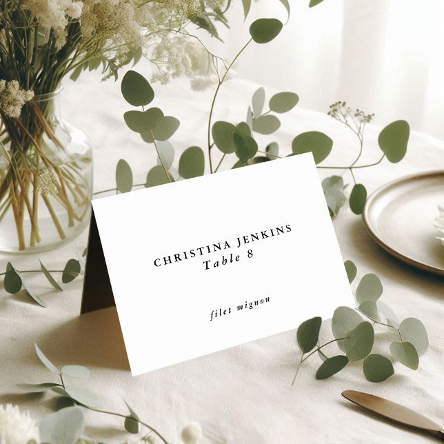 Carte de nom d'invité personnalisée en noir et bla (Wedding Black & White Custom Guest Name Table Card Name & Meal Choice Side 1)