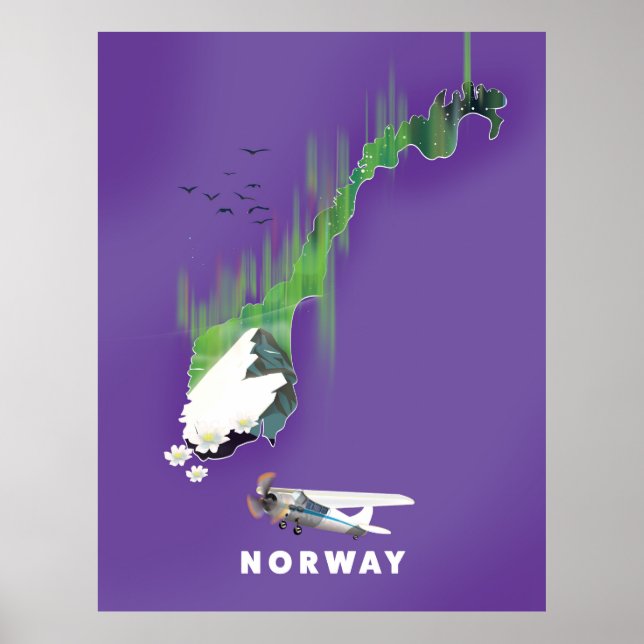 Carte de Norvège, affiche illustrée imprimée. (Devant)