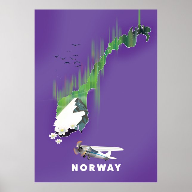 Carte de Norvège affiche illustrée imprimée. (Devant)