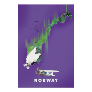 Carte de Norvège affiche illustrée imprimée.