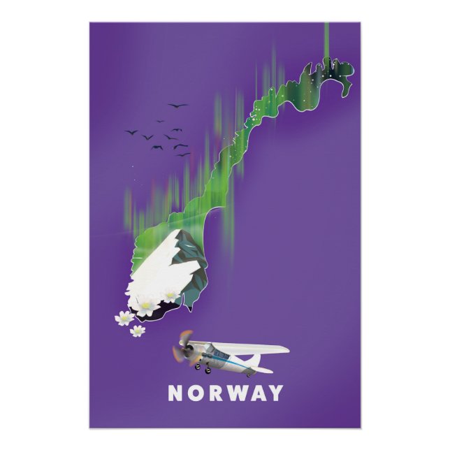 Carte de Norvège affiche illustrée imprimée. (Devant)