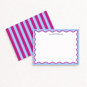 Carte de note à cadre ondulé rayé rose et bleu gra