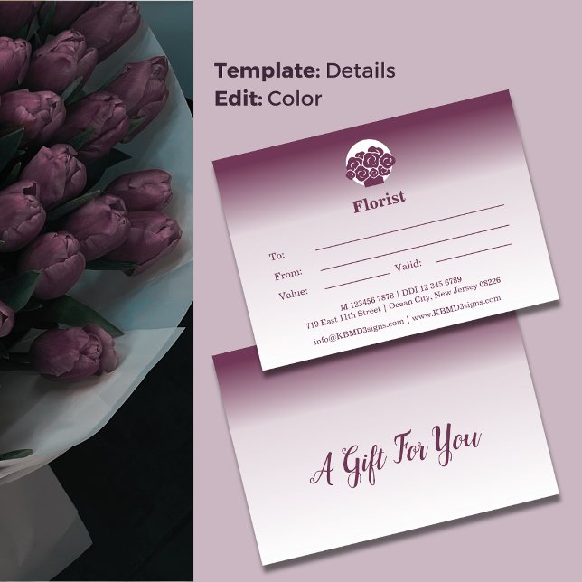 Carte de note cadeau personnalisée violet et blanc (💝Custom Purple & White Gift Certificate Note Card, Florist Shop Branding)