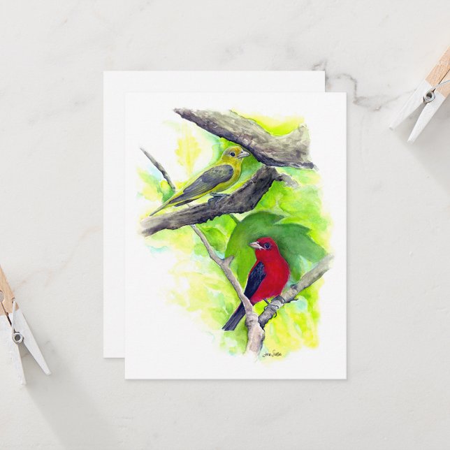 Carte de note Couple Scarlet Tanager (Scarlet Tanager Couple In Tree Watercolor Blank Note Cards from Jenn Steffen Art)