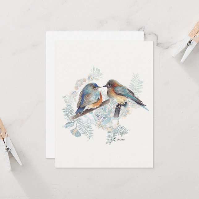 Carte de note d'aquarelle Bluebird Couple (Devant/Arrière en situation)