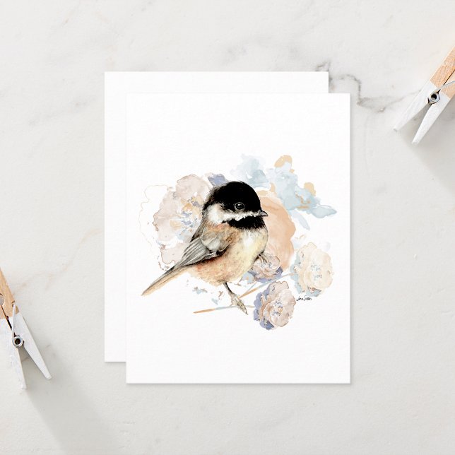 Carte de note d'aquarelle de poulet (Chickadee watercolor note card from Jenn Steffen Art)