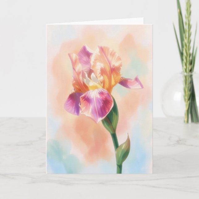 Carte de note d'art à l'aquarelle Fleur d'Iris ros (Devant)