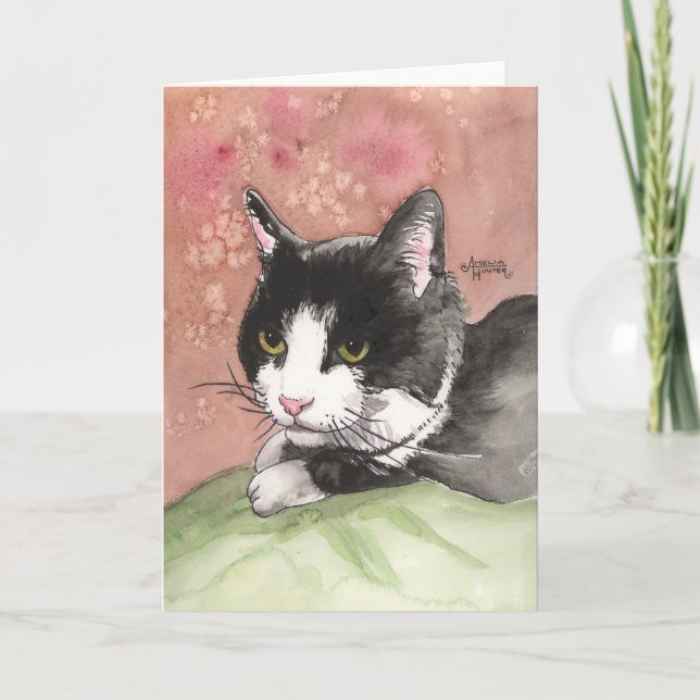 Carte de note de chat Tuxedo Blanc noir Chat Rose  (Devant)