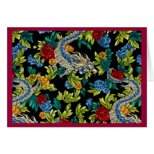 Carte de note de dragon asiatique à motif floral