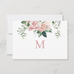 Carte de note de monogramme d'hydrangea rose pâle 