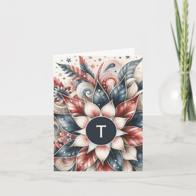 Carte de note de Monogramme rouge blanc et bleu Fe (Devant)