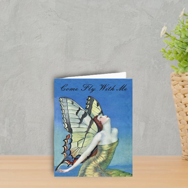 Carte de note de papillon d'or (Pretty red haired fairy gold dress monarch butterfly wings blue sky on notecard.)