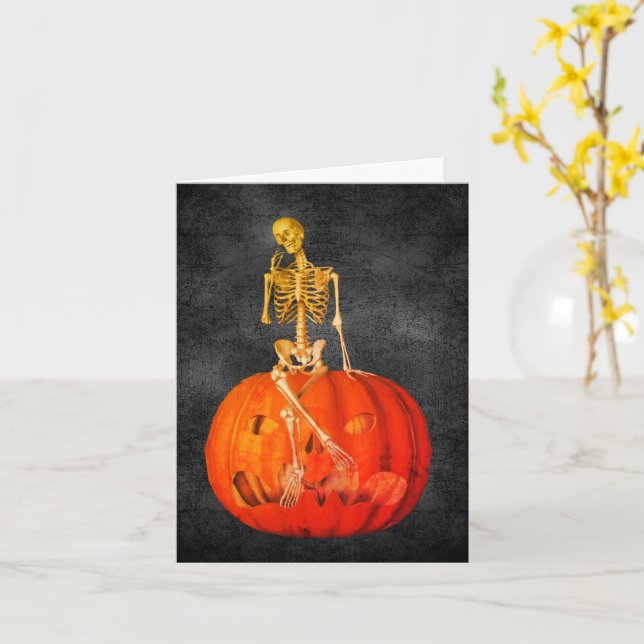 Carte de note d'Halloween Skeleton Jack-o'-lantern (Fleur jaune)