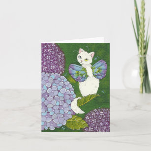 Carte de note féerique de chat floral d'hortensia