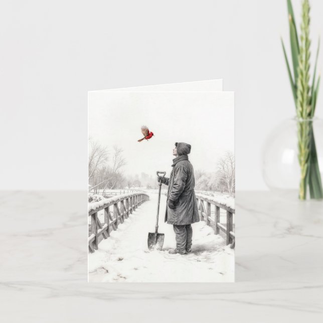 Carte de note jeune homme regardant un cardinal (Devant)