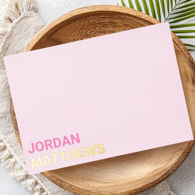 Carte de note minimale argent or véritable feuille (Minimal name silver gold real foil pink note card)