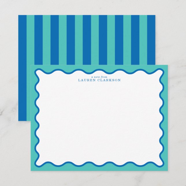 Carte de note moderne à bordure ondulée Aqua & Ble (Devant / Derrière)