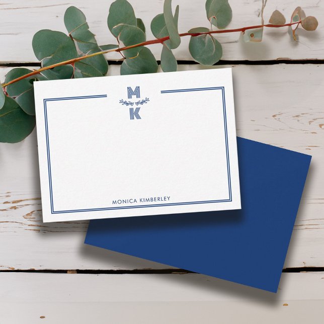 Carte de note Monogramme à deux bordures bleu mari (Minimalist Navy Blue Two Border Monogram Note Card)