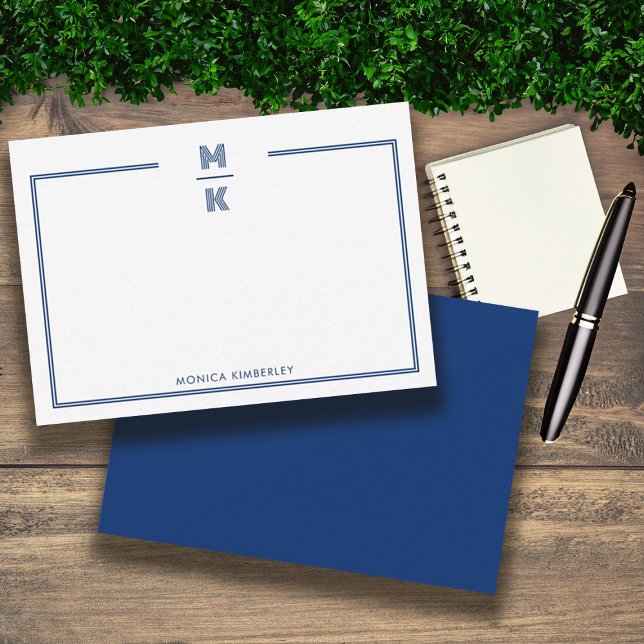 Carte de note Monogramme à deux bordures bleu mari (Minimalist Navy Blue Two Border Monogram Note Card)