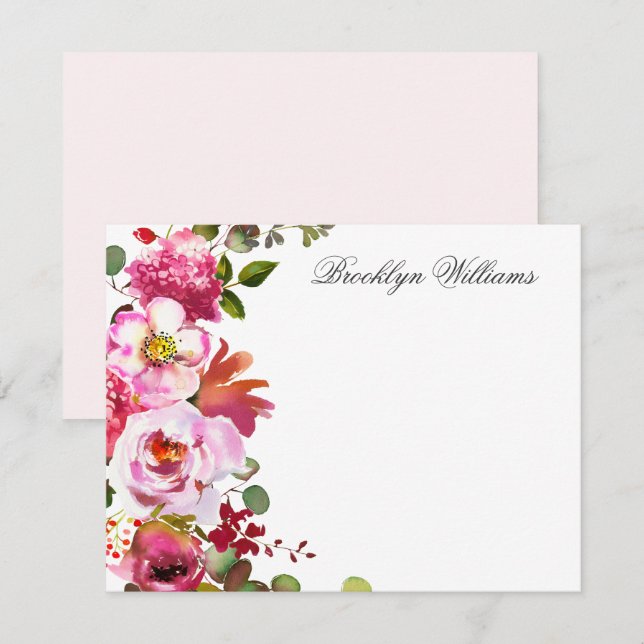 Carte de note personnalisée Rose-Blanc Botanique (Devant / Derrière)