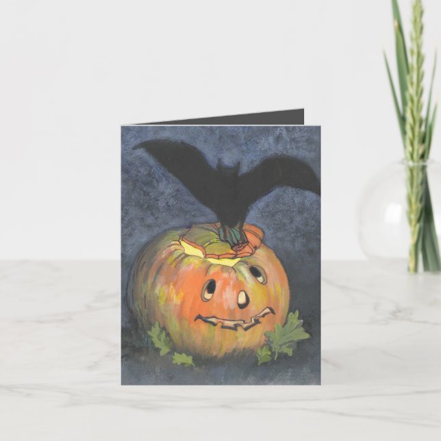 Carte de note pliée Halloween Citrouille Bat (Devant)