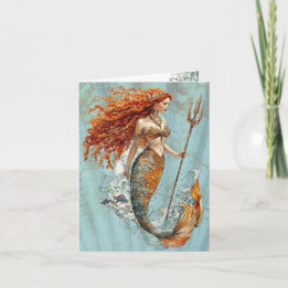 Carte de note pliée vintage Mermaid Ocean Blue