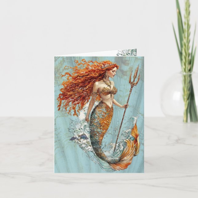 Carte de note pliée vintage Mermaid Ocean Blue (Devant)