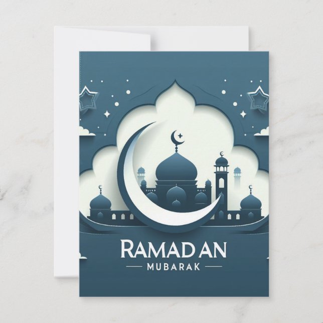 Carte De Note Ramadan Moderne Bleu Et Blanc (Devant)