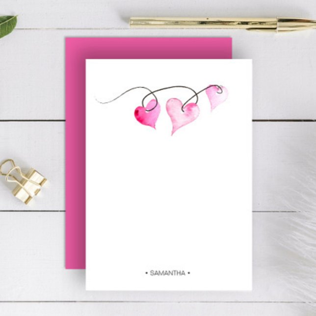 Carte de note rose personnalisée Love and Hearts (Personalized valentines stationery watercolor hearts by Victoria Grigaliunas of Do Tell A Belle)