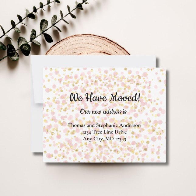 Carte de notification de déménagement avec superpo (Pink gold overlay We have moved moving announcement card. )