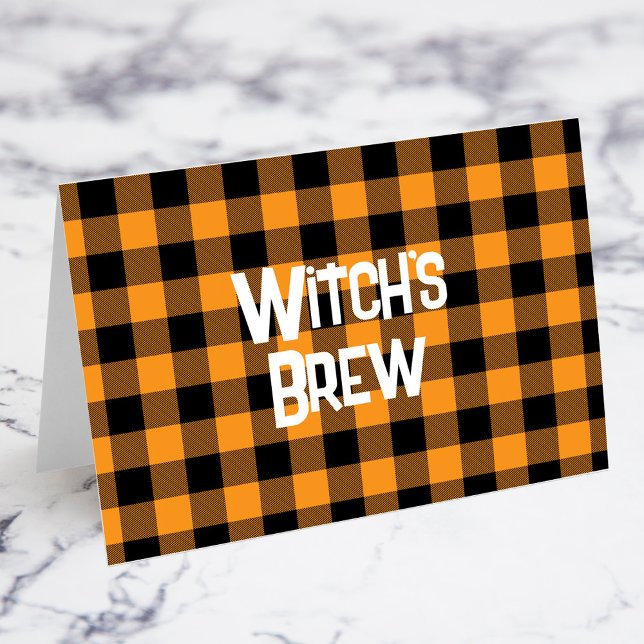Carte de nourriture Halloween à carreaux orange et (Orange and Black Buffalo Check Halloween Punch Desert or Food Table Card - You Fold Your Own Cards)