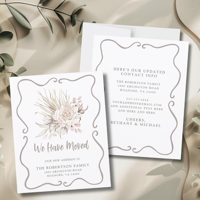 Carte de Nouvel Adresse de Roses Rouges Clair Budg (Budget We Have Moved Boho Blush Pink Roses with Eucalyptus and Hand Drawn Frame New Address Card)