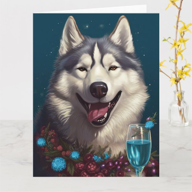Carte de Nouvel An Alaskan Malamute (Fleur jaune)