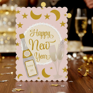 Carte de Nouvel An rose et or Champagne