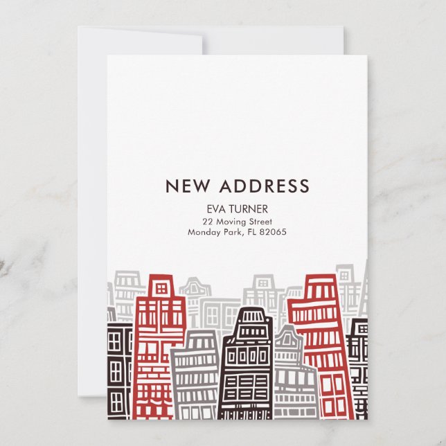 Carte de nouvelle adresse Bâtiments Rétro Rouge &  (Devant)