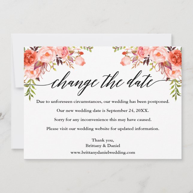 Carte de nouvelle date de mariage florale corail c (Devant)