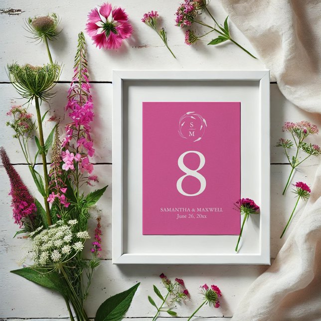 Carte de numéro de Mariage de Monogramme rose vibr (Vibrant pink table number card with wildflower line art by Victoria Grigaliunas)