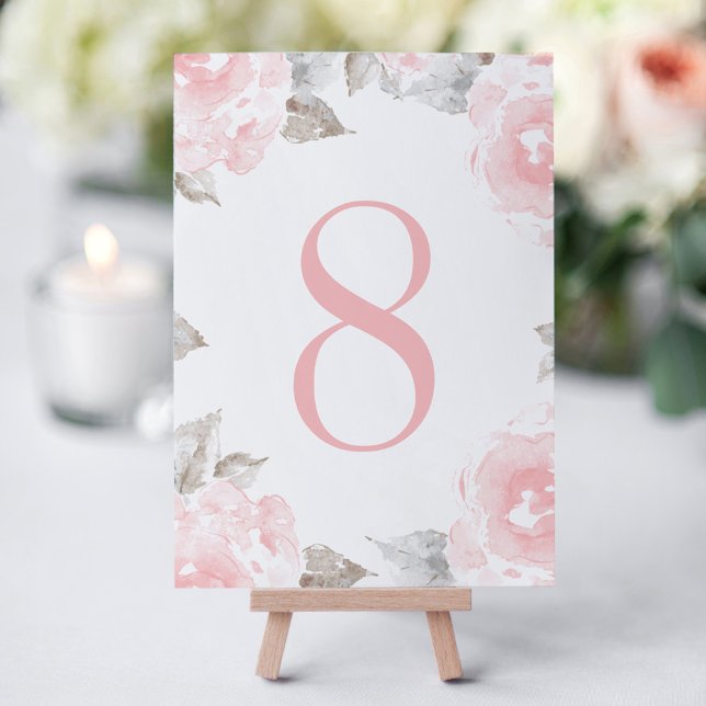 Carte de numéro de table à la rose en aquarelle ro (Créateur téléchargé)
