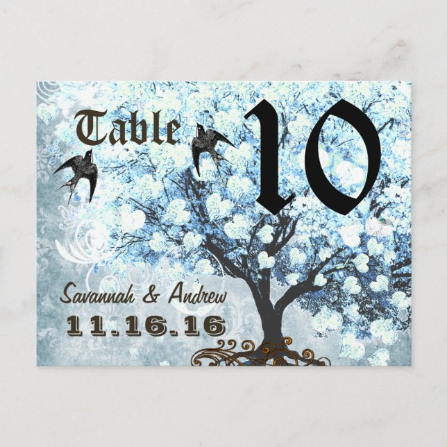Carte de numéro de table à oiseaux et arbre à feui (Devant)