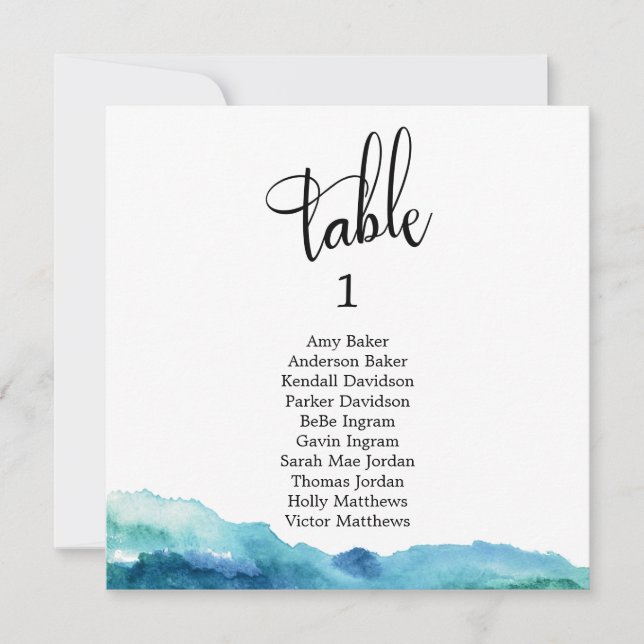 Carte de numéro de table aquarelle bleu vert aqua (Devant)