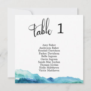 Carte de numéro de table aquarelle bleu vert aqua