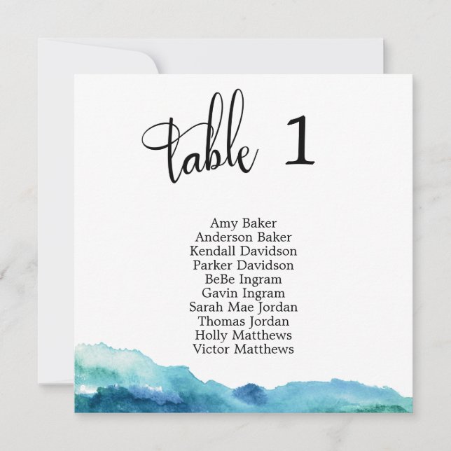 Carte de numéro de table aquarelle bleu vert aqua (Devant)
