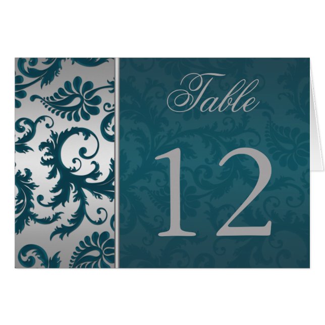 Carte de numéro de table Argent et Turquoise Damas (Devant Horizontal)