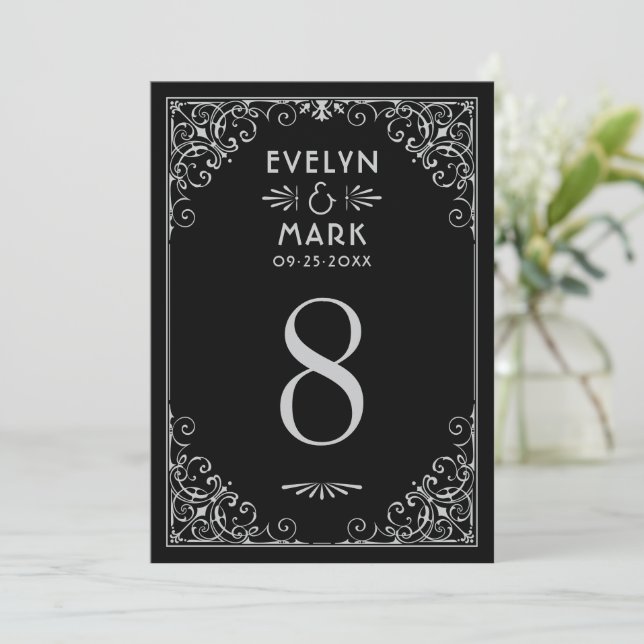 Carte de numéro de table Art Déco argent noir vint (Debout devant)