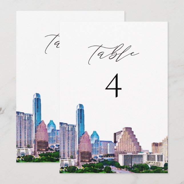 Carte de numéro de table AUSTIN Texas Watercolor S (Devant / Derrière)
