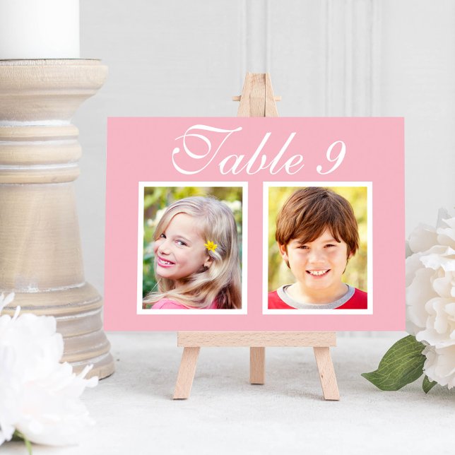 Carte de Numéro de Table avec Photo d'Enfance Rose (Créateur téléchargé)
