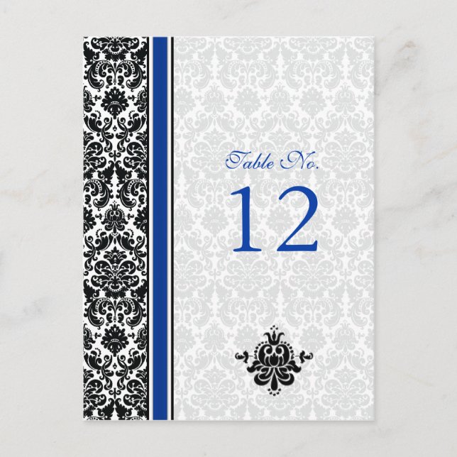 Carte de numéro de table Blue, Black, White Damask (Devant)